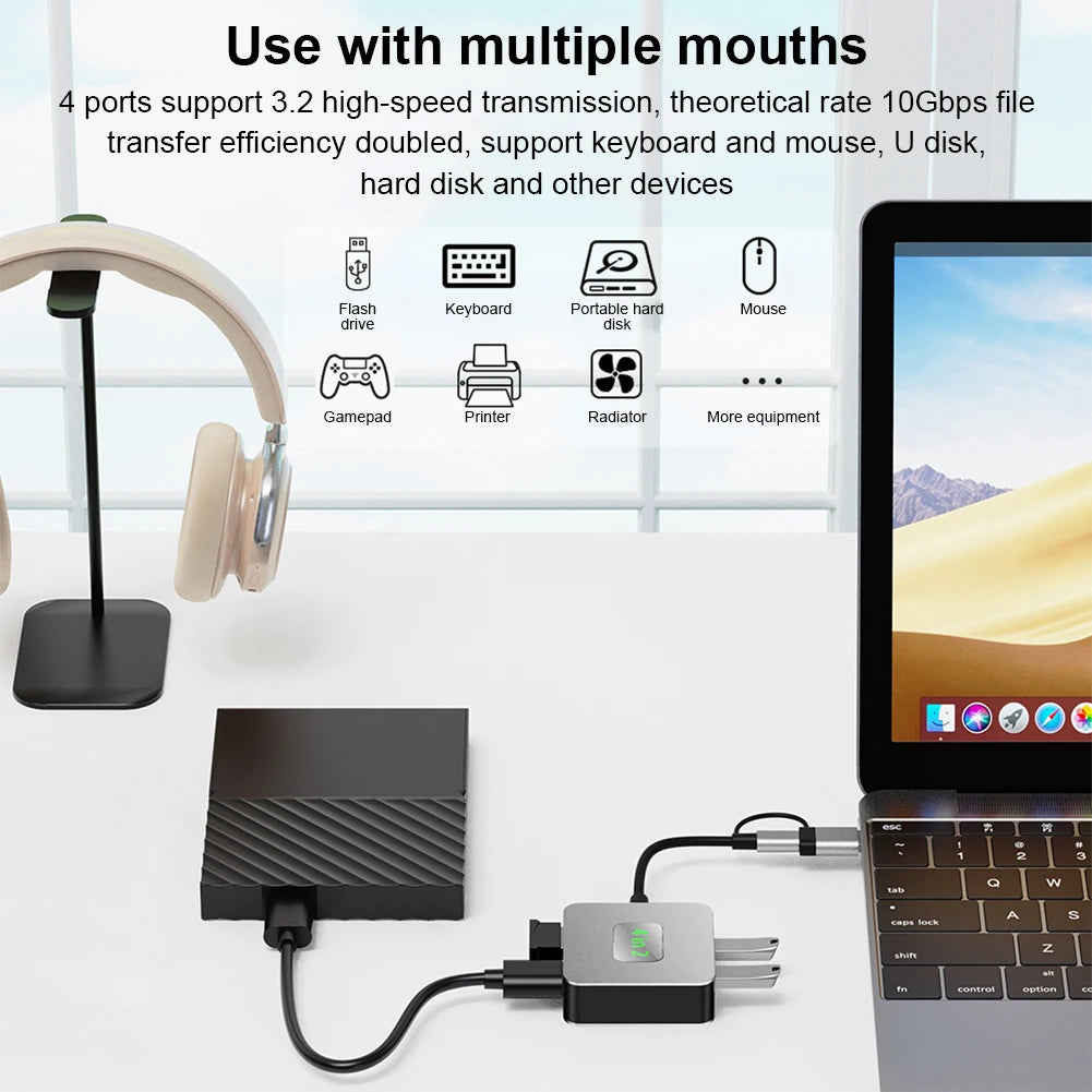 USB 3.2 Hub 4 in 1 USB C Hub USB-C/USB-A To 10Gbps USB 3.2 Mini 4 Port USB Hub Docking Station Type C HUB Computer Accessories