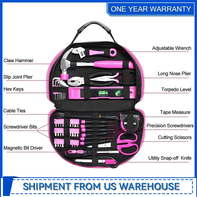 Pink Tool kit 69 Piece Ladies Hand Tool Set with Easy Carrying Round Pouch Household Tool Kit for DIY Home Maintenance