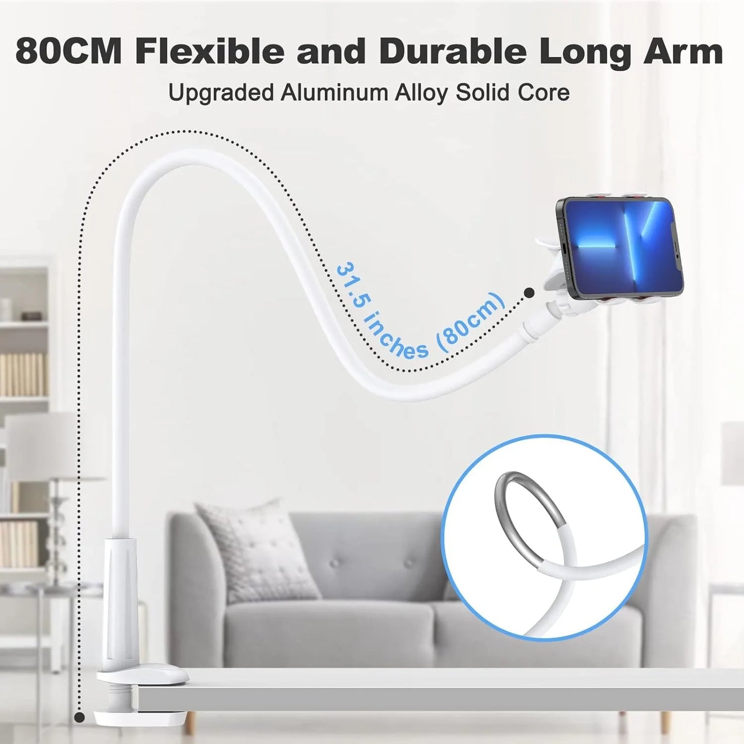2024 Newest Gooseneck Phone Holder 80cm/31in Long Flexible Lazy Arm Clip, 360 Adjustable Overhead Phone Mount for 4-7" phone