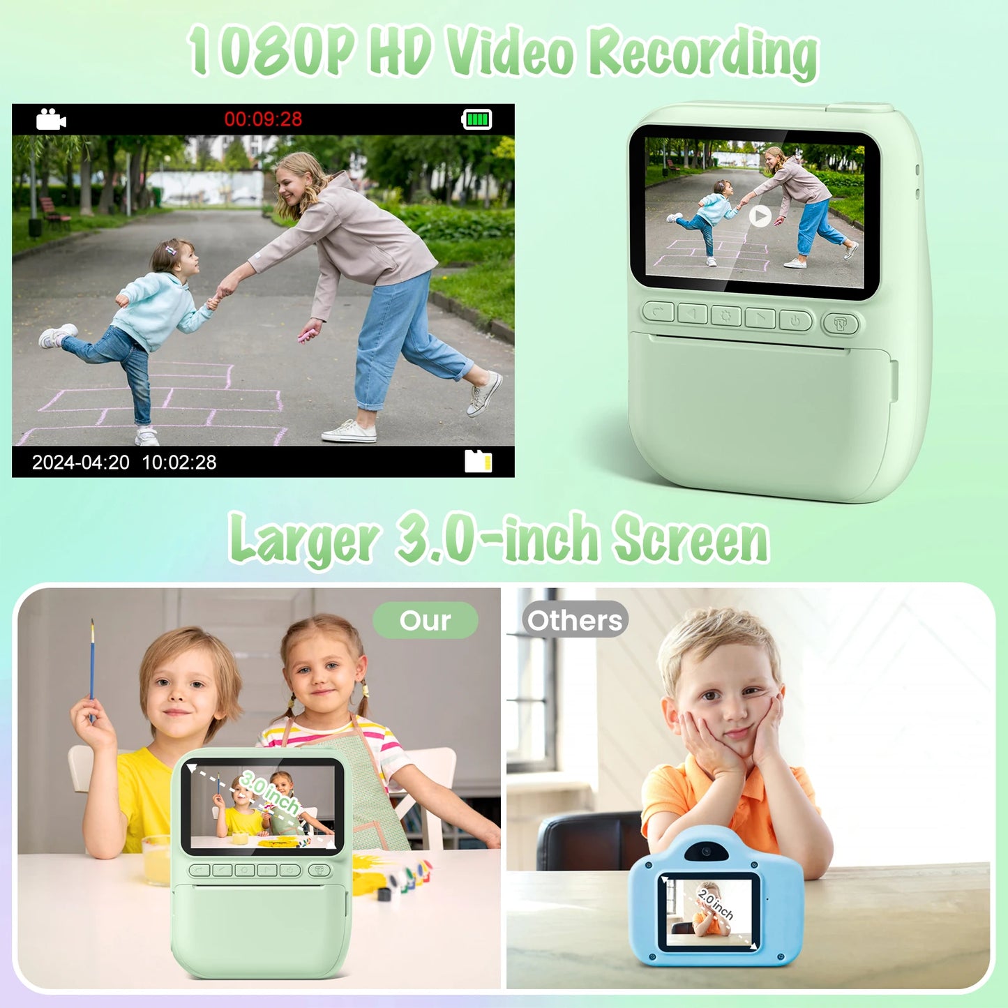 Educational Toys Kids Projection Video Camera, 1080P Digital Camera for Kids with 3 Rolls of Printer Paper, Kids Camera for 6-12 Years