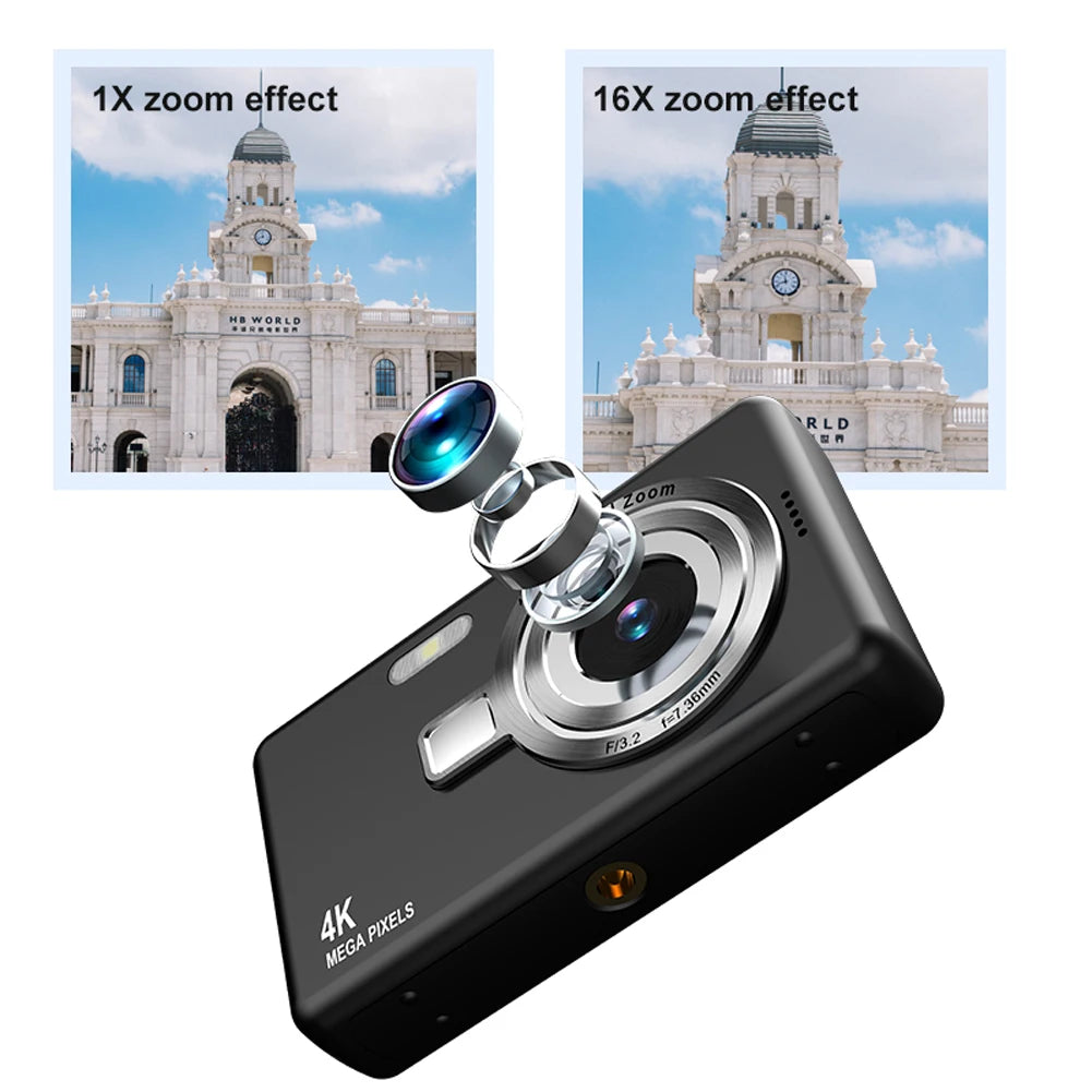 4K HD 1080P Digital Camera 96MP Portable Vlogging Camera 16X Zoom Camcorder Camera 2.4 Inch IPS Screen for Photography and Video