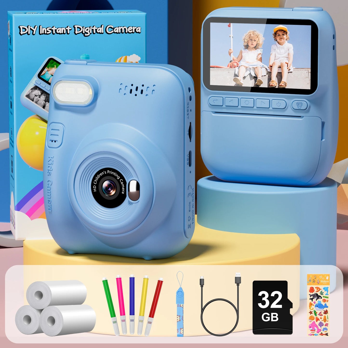 Educational Toys Kids Projection Video Camera, 1080P Digital Camera for Kids with 3 Rolls of Printer Paper, Kids Camera for 6-12 Years