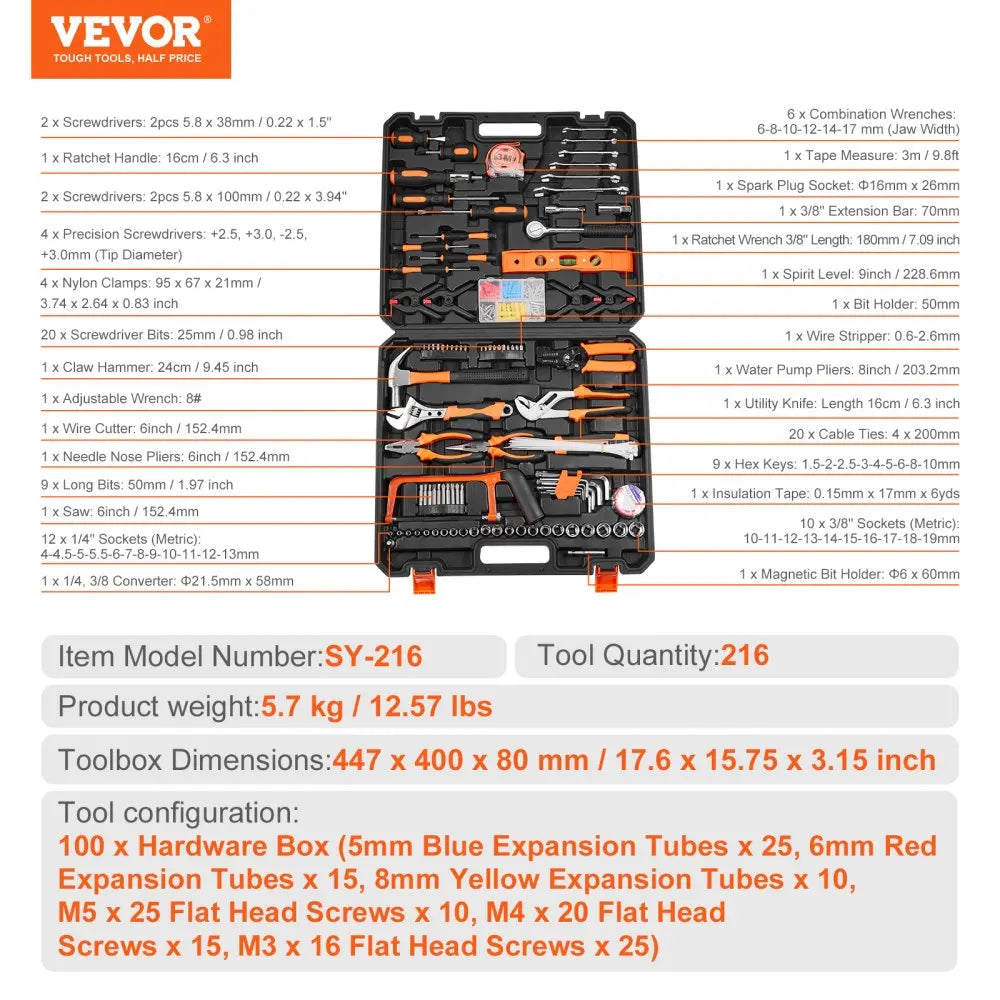VEVOR Tool Kit Home Repairing Tool Kit with Portable Tool Storage Case for Home Maintenance DIY Projects and Automotive Repair