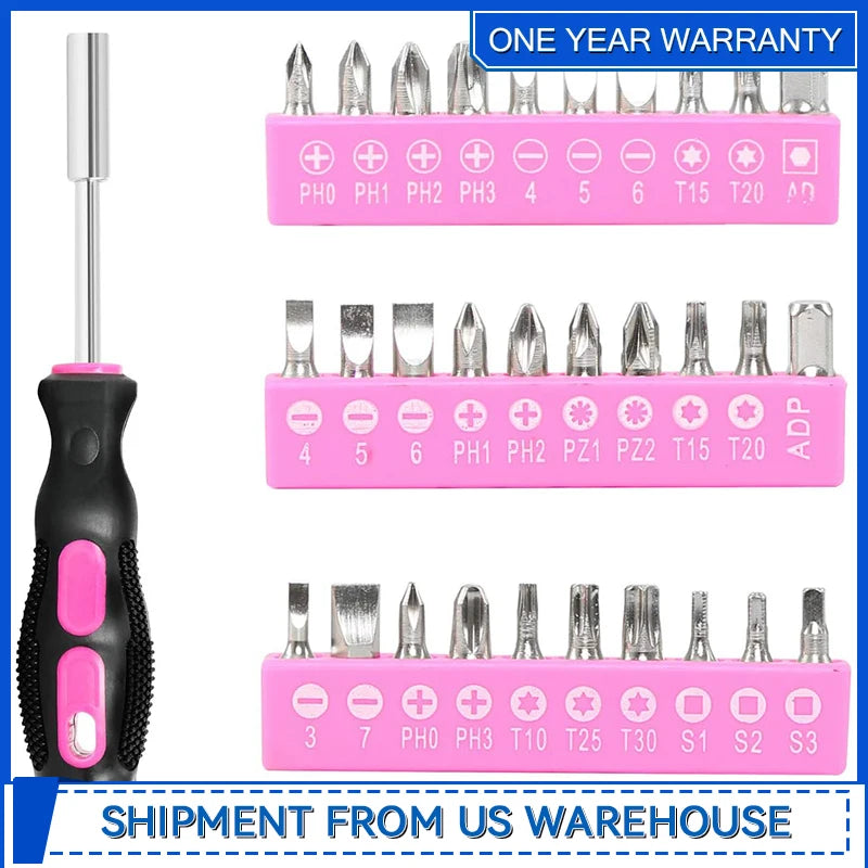 Pink Tool kit 69 Piece Ladies Hand Tool Set with Easy Carrying Round Pouch Household Tool Kit for DIY Home Maintenance